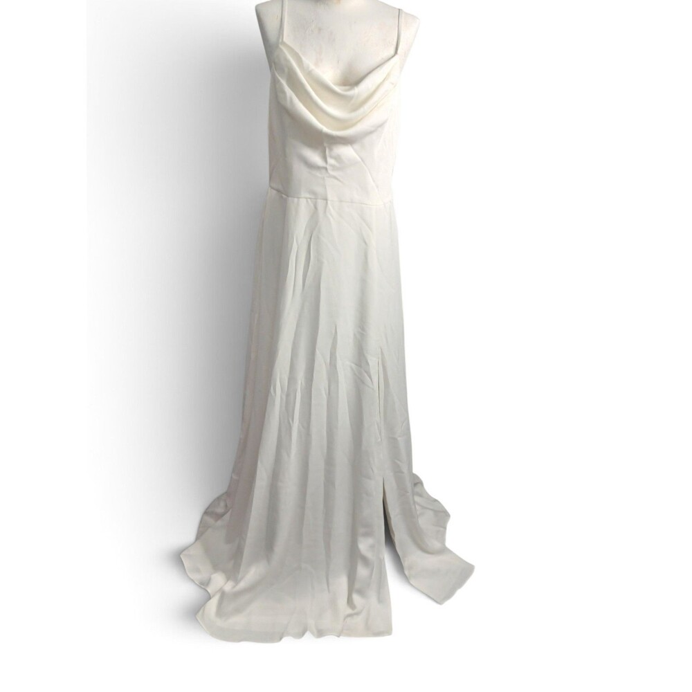 DB Studio Ivory Satin Cowl Neck Wedding Dress Size 14 NWT Bridal Gown Side Slit